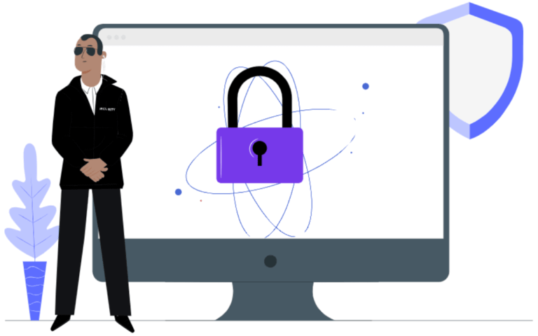 A vigilant man in a suit standing beside a fortified data center, symbolizing Finansh's commitment to data security through multiple layers of protection and high quality privacy policy.