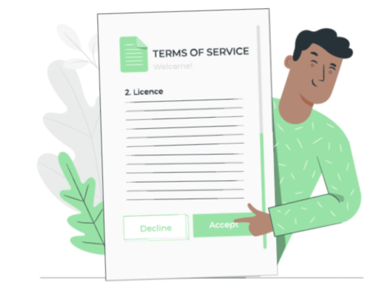 User Acceptance of Terms of Service - Man reading agreement and clicking Accept button.
