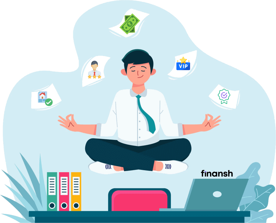 Illustration of a happy person relaxing with icons symbolizing various benefits floating around, such as money, VIP, and verification badges, with the word 'finansh' and a laptop in the foreground.