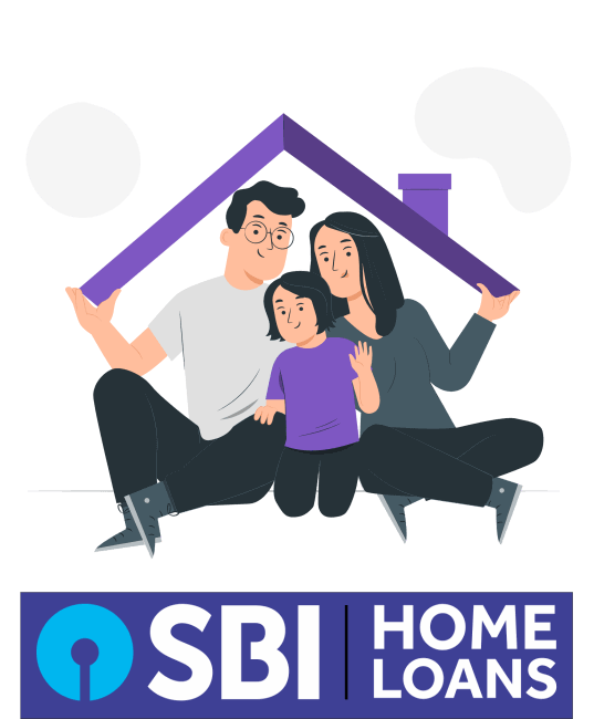 A graphic of a family sitting under a house outline with the 'SBI Home Loans' logo, representing SBI home loan interest rate.